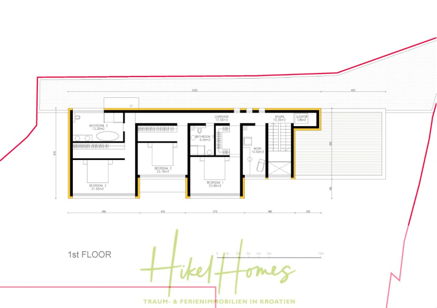 Imposante Meerblick Luxus Villa Isis – Tiefgarage, Aufzug, Wellness, Sauna, Pool, große Sommerküche - Architektonischer Grundriss des ersten Stocks eines Hauses mit beschrifteten Räumen: zwei Schlafzimmer, ein Badezimmer, eine Waschküche, ein Ankleidezimmer, eine Treppe und ein Flur. Der Schriftzug "Hikel Homes" befindet sich am unteren Rand. (46015)