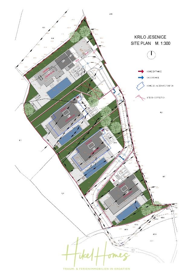Imposante Meerblick Luxus Villa Isis – Tiefgarage, Aufzug, Wellness, Sauna, Pool, große Sommerküche - Architektonischer Lageplan mit der Bezeichnung "KRILO JESENICE" im Maßstab 1:300, der fünf Gebäude, Straßen, Pools, Grünflächen, Grundstücksgrenzen und Versorgungsleitungen auf einem schrägen Grundstück zeigt, mit dem Logo "Hikel Homes" am unteren Rand. (46011)