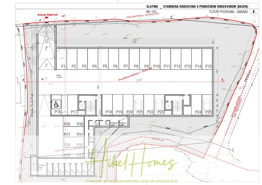 1. Reihe hochwertige Neubau-Meerblick Wohnung mit 2 SZ, Terrasse und Gemeinschaftspool (S2A) - Architektonischer Grundriss eines Parkplatzes mit 26 markierten Parkplätzen, davon einer für Rollstuhlfahrer, Treppen, Rampen und umliegenden Wegen, beschriftet mit Maßen und Anmerkungen in Kroatisch. (46128)
