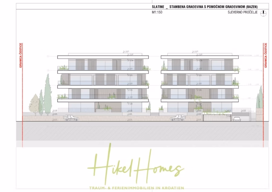 1. Reihe hochwertige Neubau-Meerblick Wohnung mit 2 SZ, Terrasse und Gemeinschaftspool (S2A) - Architekturzeichnung zweier moderner, rechteckiger Wohnhäuser mit Nordansicht. Jedes Gebäude hat mehrere Stockwerke mit großen Fenstern und Balkonen. Die Landschaftsgestaltung umfasst hohe, schlanke Bäume. Unten steht „Hikel Homes“. (42765)