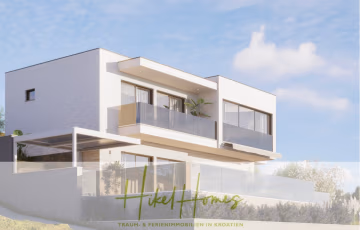 Modernes zweistöckiges Haus mit großen Fenstern, Balkonen und Glasgeländern vor blauem Himmel. Das Bild zeigt den Text „Hikel Homes“ und darunter „Traum- & Ferienimmobilien in Kroatien“. - Ende Juni einziehen und Urlaub machen! Schlüsselfertige möblierte Meerblick Villa / Pool, 3 SZ,…