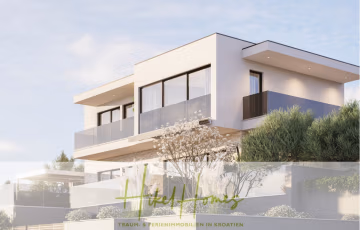 Ein modernes, zweistöckiges weißes Haus mit großen Glasfenstern und Balkonen, umgeben von grünen Büschen und Bäumen, unter einem klaren blauen Himmel. Der Text unten lautet: „Heitel Homes – Traum- & Ferienimmobilien in Kroatien.“. - Ende Juni einziehen und Urlaub machen! Schlüsselfertige möblierte Meerblick Villa / Pool, 3 SZ,…