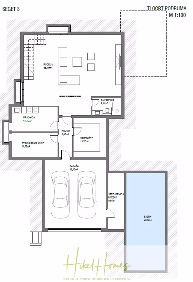 Meerblick – Schlüsselfertige Villa Princeza in Seget Vranijca – modernste Technik – 3-4 SZ - Grundriss eines Untergeschosses mit Wohnbereich, Waschküche, Abstellräumen und Badezimmer. Eine Garage für zwei Autos und ein Pool sind im Plan eingezeichnet. Der Entwurf ist mit Maßangaben und dem Firmennamen „Hike Homes“ am unteren Rand beschriftet. (41319)