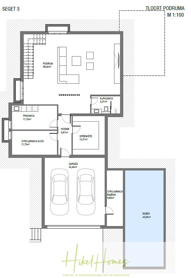 Meerblick – Schlüsselfertige Villa Princeza in Seget Vranijca – modernste Technik – 3-4 SZ - Grundriss eines Hauskellers mit Pool, Garage für zwei Autos, Abstellräumen, Waschküche, Flur, Speisekammer, Küche und einem großen Wohnbereich. Die Raummaße und Beschriftungen sind in kroatischer Sprache. (45511)