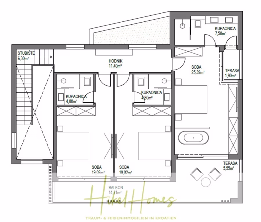 Meerblick – Schlüsselfertige Villa Princeza in Seget Vranijca – modernste Technik – 3-4 SZ - Grundriss einer Wohnung mit drei Schlafzimmern, zwei Bädern, Flur, Küche und Wohnbereich. Zwei Terrassen und ein Balkon sind ebenfalls vorhanden. Eine Treppe führt zum Eingang. Die Zimmer sind auf Kroatisch beschriftet. (41321)