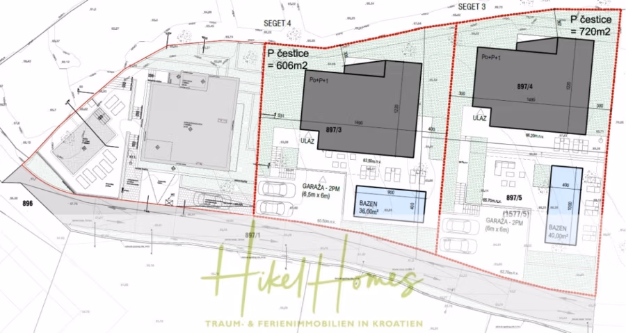 Meerblick – Schlüsselfertige Villa Princeza in Seget Vranijca – modernste Technik – 3-4 SZ - Architektonischer Grundriss mit zwei Grundstücken und den beschrifteten Abschnitten „Pčestice=606m²“ und „Pčestice=720m²“. Zu den Ausstattungsmerkmalen gehören Pools, Parkplätze und Bäume. Der Text lautet „Hikel Homes“ und „TRAUM & FERIENIMMOBILIEN IN KROATIEN“. (41317)