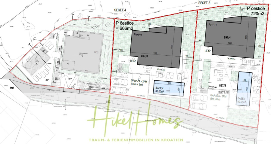 Meerblick – Schlüsselfertige Villa Princeza in Seget Vranijca – modernste Technik – 3-4 SZ - Lageplan von zwei Wohngrundstücken mit jeweils einem Haus, einem Schwimmbad, Parkplätzen und Grünflächen, beschriftet mit Maßen. Unten steht "Hikel Homes" und "TRAUM- & FERIENIMMOBILIEN IN KROATIEN". (45508)