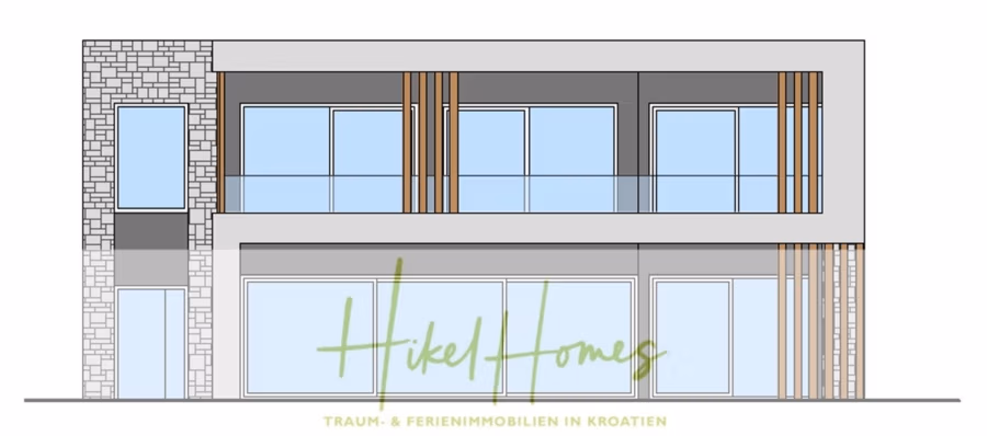 Meerblick – Schlüsselfertige Villa Princeza in Seget Vranijca – modernste Technik – 3-4 SZ - Abbildung eines modernen, zweistöckigen Hauses mit großen Fenstern, Steinakzenten auf einer Seite und vertikalen Holzelementen. Unten sind in Grün die Worte „Hikel Homes“ und ein deutscher Slogan zu sehen. (41322)