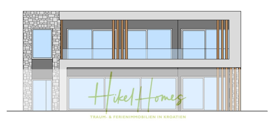 Meerblick – Schlüsselfertige Villa Princeza in Seget Vranijca – modernste Technik – 3-4 SZ - Architektonische Zeichnung eines modernen zweistöckigen Hauses mit großen Fenstern, Stein- und Betonelementen und vertikalen Holzlatten. Am unteren Rand steht der Text "Hikel Homes" und "TRAUM- & FERIENIMMOBILIEN IN KROATIEN". (45515)