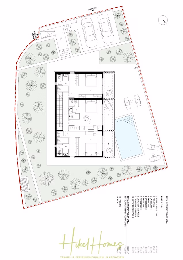 Schlüsselfertige Meerblick Villa SEA in Sutivan (Insel Brac) – 3 SZ + Bad, Pool, Sommerküche, … - Architektonischer Grundriss eines Hauses mit umliegendem Grundstück. Zu den Merkmalen gehören ein rechteckiges Gebäude, ein Pool, ein Garten mit Bäumen und ein Parkplatz für drei Autos. Der Entwurf enthält Raumaufteilungen und Beschriftungen in deutscher Sprache. Gestrichelte rote Linien umreißen das Grundstück. (43007)