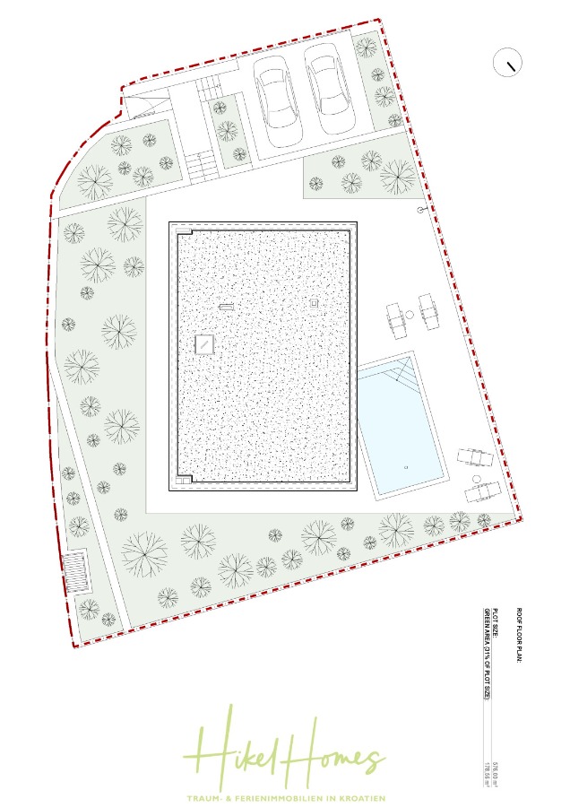Schlüsselfertige Meerblick Villa SEA in Sutivan (Insel Brac) – 3 SZ + Bad, Pool, Sommerküche, … - Eine Lageplanzeichnung eines Grundstücks mit zwei geparkten Autos, einem rechteckigen Gebäude, einem Pool, Sonnenliegen, Bäumen und Wegen, umschlossen von einer gestrichelten roten Begrenzungslinie. Am unteren Rand ist "Hikel Homes" eingezeichnet. (45035)
