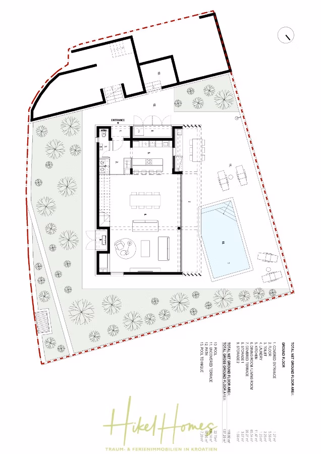 Schlüsselfertige Meerblick Villa SEA in Sutivan (Insel Brac) – 3 SZ + Bad, Pool, Sommerküche, … - Grundriss eines modernen Hauses mit Außenpool, Terrasse und umliegendem Garten. Der Grundriss umfasst Wohn-, Küchen- und Essbereich. Im Garten sind mehrere Bäume zu sehen. Rund um den Pool sind Wege und Sitzbereiche eingezeichnet. (43006)
