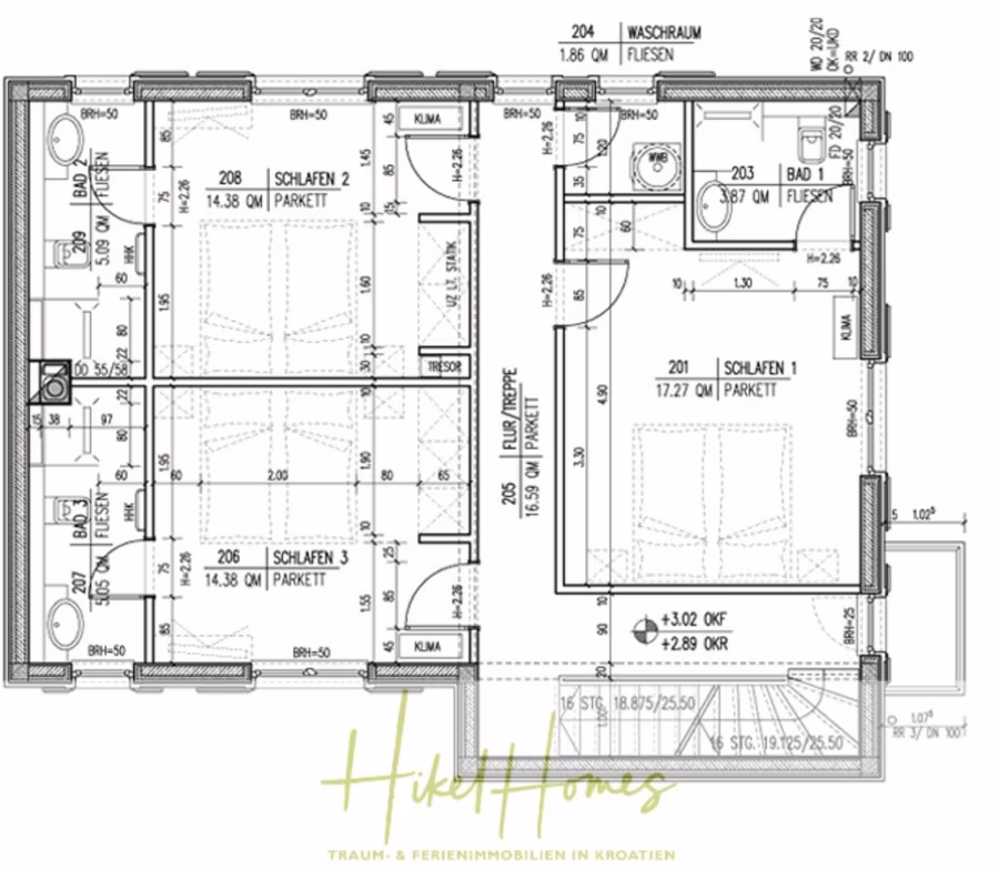 Villa im Mittelmeerstil mit 3 SZ, Pool, Dachterrasse mit Meerblick (2) - Grundriss mit drei beschrifteten Schlafzimmern (Schlafen 1, 2 und 3), einem Badezimmer und einem Waschraum. Die Zimmer sind detailliert mit Abmessungen und Materialien, wie beispielsweise Parkettboden, beschrieben. Das Logo unten lautet „Hikel Homes“ mit einem deutschen Slogan. (41889)
