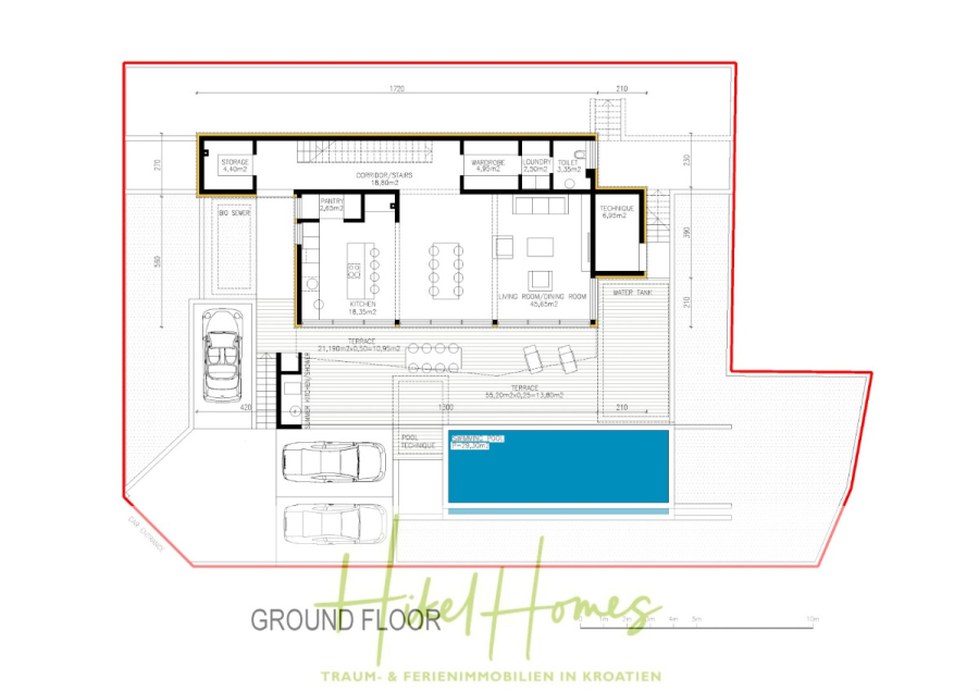 Villa Danjela – 246m² WFL in 2. Reihe zum Strand / 3 SZ / 246m² / Inifinity-Pool / Solar / … - Architektonischer Grundriss eines Erdgeschosses mit zwei Garagen, Eingangsbereich, Küche, Ess-/Wohnbereich, Schlafzimmer, Bad, Pool mit Terrasse, Abstellraum und technischen Räumen; in Englisch beschriftet und rot umrandet. (46658)