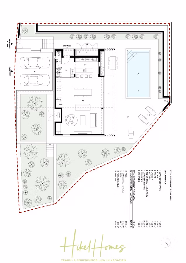 Hochwertige Meerblick Villa SUN in Sutivan (Insel Brac) – 3 SZ + Bad, Pool, Sommerküche, WC, … - Grundriss eines Hauses mit L-förmigem Wohnraum, Küche, Ess- und Wohnbereich. Es gibt einen rechteckigen Pool, Sitzgelegenheiten im Freien und eine Einfahrt für zwei Autos. Das Grundstück ist von spärlicher Landschaftsgestaltung umgeben. Unten steht „Hikel Homes“. (42977)