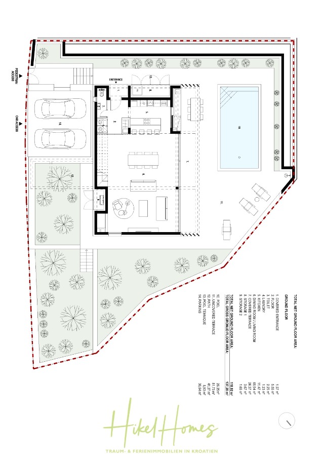 Hochwertige Meerblick Villa SUN in Sutivan (Insel Brac) – 3 SZ + Bad, Pool, Sommerküche, WC, … - Architektonischer Grundriss eines modernen Hauses mit Doppelgarage, offener Küche und Wohnbereich, Pool, Außenterrasse mit Sitzgelegenheiten und umgebendem Garten. Maßstab und Raummaße sind enthalten. Branding "Hikel Homes" am unteren Rand. (45000)