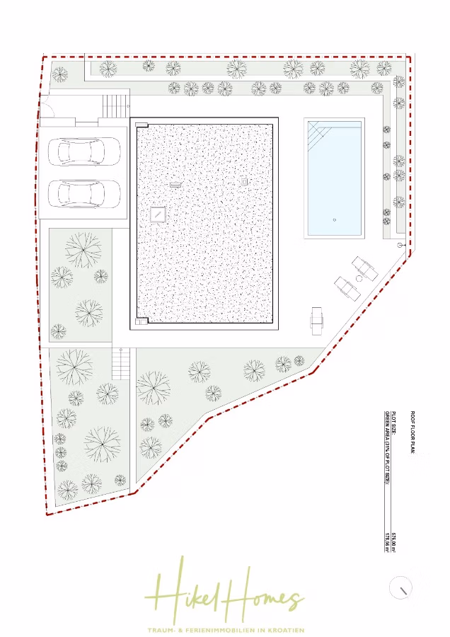 Hochwertige Meerblick Villa SUN in Sutivan (Insel Brac) – 3 SZ + Bad, Pool, Sommerküche, WC, … - Landschaftsgestaltung eines Grundstücks mit einem rechteckigen Gebäude, angrenzendem Swimmingpool und einem ausgewiesenen Parkplatz für vier Autos. Der Garten ist mit Bäumen geschmückt und bietet Sitzgelegenheiten im Freien. (42979)