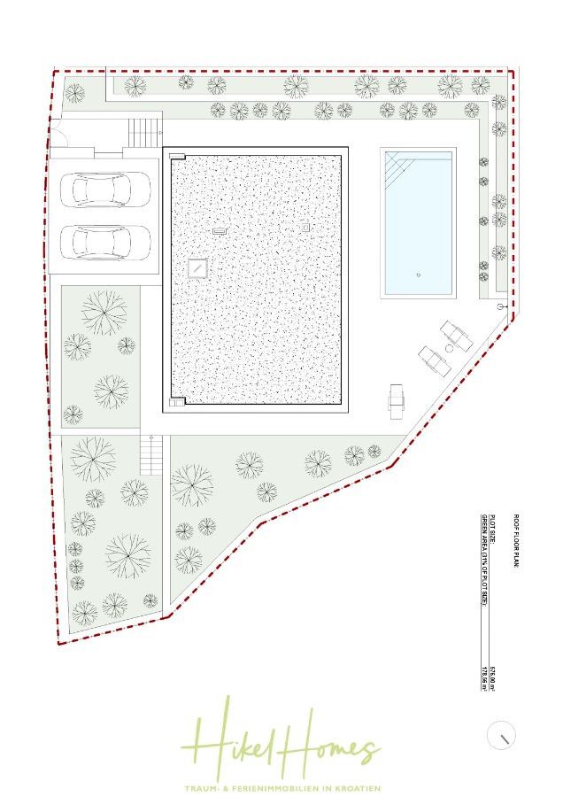Hochwertige Meerblick Villa SUN in Sutivan (Insel Brac) – 3 SZ + Bad, Pool, Sommerküche, WC, … - Der Lageplan zeigt ein Haus in der Mitte, umgeben von Bäumen, mit einer Einfahrt und Parkplätzen für drei Autos auf der linken Seite, einem Swimmingpool und einer Terrasse mit Sitzgelegenheiten auf der rechten Seite sowie Wegen rund um das Haus. (45003)
