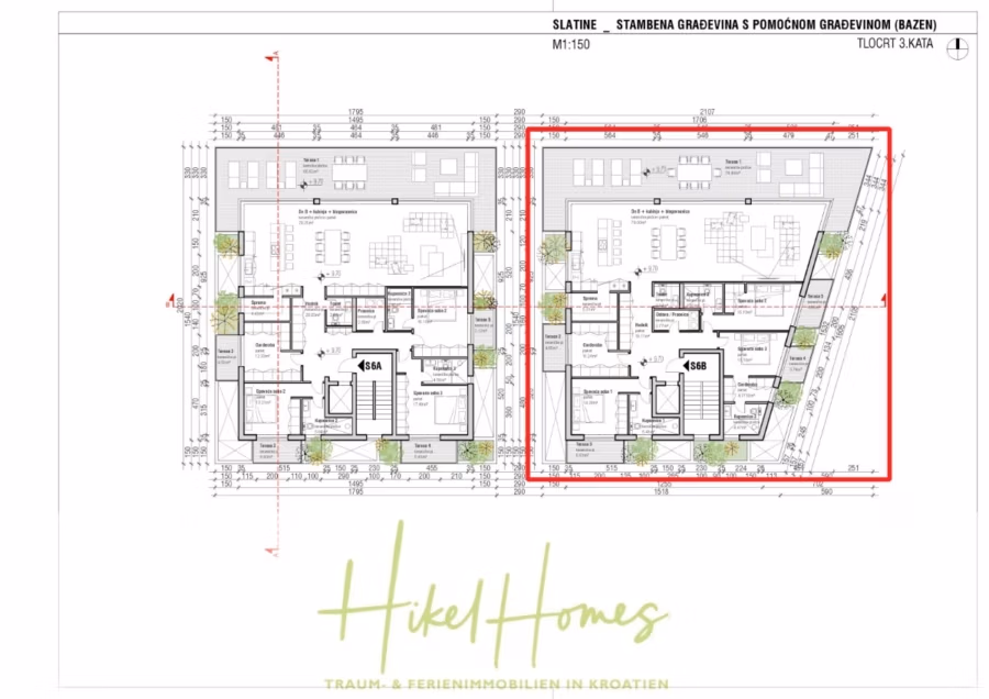 1. Reihe Luxus Neubau Penthouse – Meerblick mit 3 SZ, riesige Terrasse und Gemeinschaftspool (S6B) - Blaupause eines Gebäudes mit zwei Abschnitten, die Grundrisse, beschriftete Bereiche und umgebende Grünflächen zeigen. Der Text oben enthält Projektdetails, und unten steht „Hikel Homes“ mit einem deutschen Slogan über Immobilien in Kroatien. (42634)