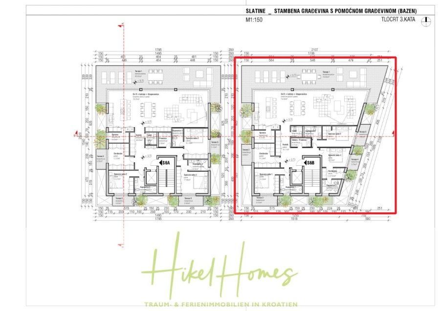1. Reihe Luxus Neubau Penthouse – Meerblick mit 3 SZ, riesige Terrasse und Gemeinschaftspool (S6B) - Architektonischer Grundriss von zwei nebeneinander liegenden Wohneinheiten mit Zimmern, Möbeln, Gärten und einem Pool, schwarz umrandet. Die rechte Einheit ist durch einen roten Rahmen hervorgehoben. Am unteren Rand steht "Hikel Homes" geschrieben. (46192)