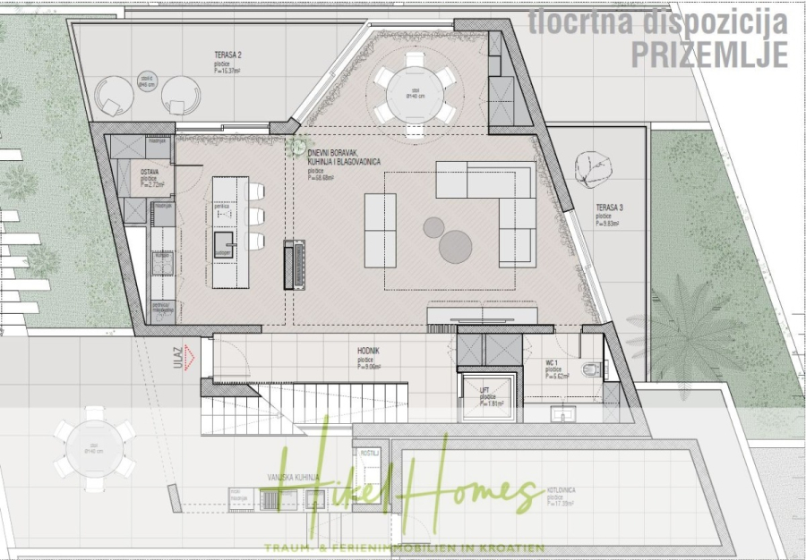 Luxus trifft Meerblick – Ein Anwesen der Extraklasse – Sofort einziehen - Architektonischer Grundriss eines Erdgeschosses mit Wohnzimmer, Küche, Essbereich, Bad, Abstellräumen, zwei Terrassen und einem Treppenhaus. Die Zimmer und Terrassen sind in kroatischer Sprache beschriftet. Logo "Luxe Homes" am unteren Rand. (46509)