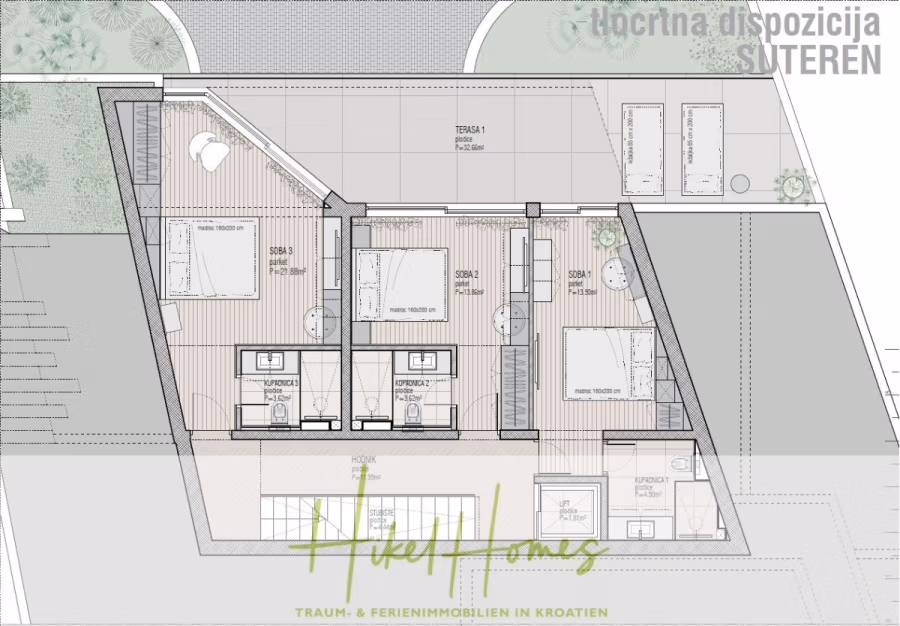 Luxus trifft Meerblick – Ein Anwesen der Extraklasse – Sofort einziehen - Grundriss eines Kellergeschosses mit Terrasse, zwei Schlafzimmern, zwei Bädern und einem Mehrzweckraum. Der Text enthält die Angaben „tlocrta dispozicija“ und „Hike Homes“ mit zusätzlichen Informationen auf Kroatisch. (43757)