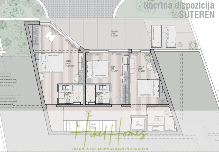 Luxus trifft Meerblick – Ein Anwesen der Extraklasse – Sofort einziehen - Architektonischer Grundriss eines Untergeschosses mit der Aufschrift "tlocrta dispozicija SUTEREN", der drei Schlafzimmer, zwei Badezimmer, eine Terrasse und eine Treppe zeigt. Unten steht in grüner Schrift "Hikel Homes" und zusätzlicher deutscher Text. (46508)