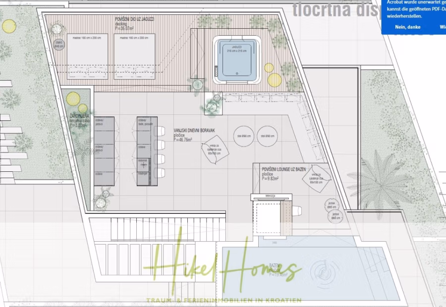Luxus trifft Meerblick – Ein Anwesen der Extraklasse – Sofort einziehen - Architektonischer Grundriss einer Dachterrasse mit Sitzbereichen, Whirlpool und Grünflächen. Der Grundriss umfasst gekennzeichnete Bereiche zum Essen, Entspannen und Pflanzen und bietet einen Außenbereich mit modernem Designthema. (43756)