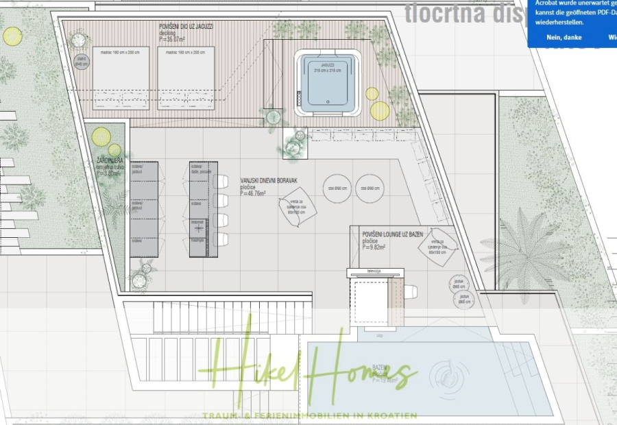 Luxus trifft Meerblick – Ein Anwesen der Extraklasse – Sofort einziehen - Architektonischer Grundriss eines Freizeitbereichs im Freien mit einem Pool, einem Whirlpool, schattigen Liegeflächen, einem Esstisch, Pflanzenbeeten und gekennzeichneten Funktionsbereichen, die von Landschaftsgestaltung und Wegen umgeben sind. (46506)