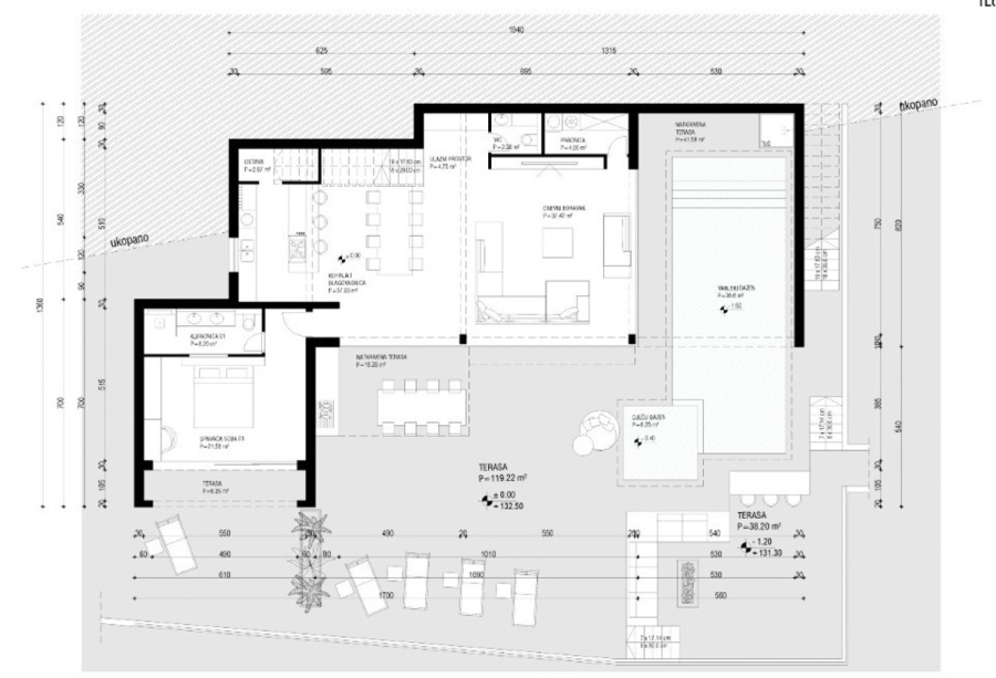 Schlüsselfertige – großzügige Meerblick Villa in ruhiger Lage, 4 SZ, 4 Bäder, Pool, Jacuzzi, … - Schwarzer und weißer architektonischer Grundriss mit Zimmern, Küche, Bädern, Terrasse, Sitzgelegenheiten im Freien und Pool, mit beschrifteten Maßen und der im gesamten Haus und in den Außenbereichen sichtbaren Möbelanordnung. (45363)