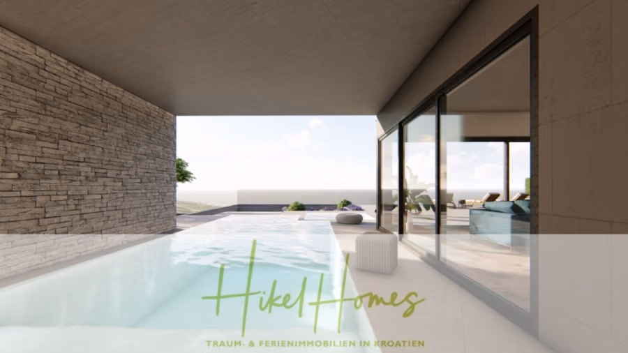 Schlüsselfertige – großzügige Meerblick Villa in ruhiger Lage, 4 SZ, 4 Bäder, Pool, Jacuzzi, … - Luxuriöser Innen- und Außenpoolbereich mit modernem Design. Bodentiefe Fenster bieten einen herrlichen Blick auf die ruhige Landschaft. Das „Hikel Homes“-Logo mit deutschem Text überlagert den unteren Teil und suggeriert einen Immobilienkontext in Kroatien. (41018)