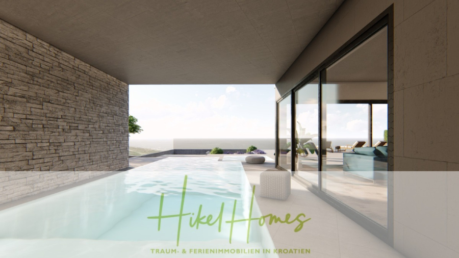 Schlüsselfertige – großzügige Meerblick Villa in ruhiger Lage, 4 SZ, 4 Bäder, Pool, Jacuzzi, … - Moderne Villa mit einer überdachten Terrasse und einem Infinity-Pool mit Blick auf das Meer, mit Liegestühlen und Glastüren. Der Text "Hikel Homes-Traum- & Ferienimmobilien in Kroatien" ist am unteren Rand eingeblendet. (45351)