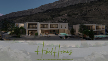 Moderne Villen mit Pools und Sitzgelegenheiten im Freien vor einem felsigen Berghang in der Abenddämmerung. Im Vordergrund ist das Logo "Hikel Homes" und der deutsche Text "Traum- & Ferienimmobilien in Kroatien" zu sehen. - Schlüsselfertige – großzügige Meerblick Villa in ruhiger Lage, 4 SZ, 4 Bäder, Pool, Jacuzzi, …