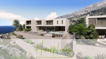 Moderne weiße Villa mit mehreren Balkonen, einem Swimmingpool und Blick auf die Berge, gelegen an einem Hang mit Blick auf das Meer. Das Logo "HikeHomes" und deutscher Text erscheinen am unteren Rand des Bildes. - Schlüsselfertige – großzügige Meerblick Villa in ruhiger Lage, 4 SZ, 4 Bäder, Pool, Jacuzzi, …