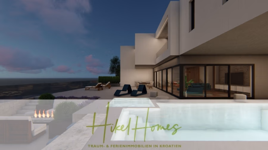 Schlüsselfertige – großzügige Meerblick Villa in ruhiger Lage, 4 SZ, 4 Bäder, Pool, Jacuzzi, … - Modernes Luxushaus mit großzügigem Pool und Außensitzplatz. Das Gebäude besticht durch große Glasfenster und ein elegantes Design. Im Hintergrund ist das Meer zu sehen, am Himmel schweben flauschige Wolken. Text unten: „Hikel Homes – Traum- & Ferienimmobilien in Kroatien.“. (41017)