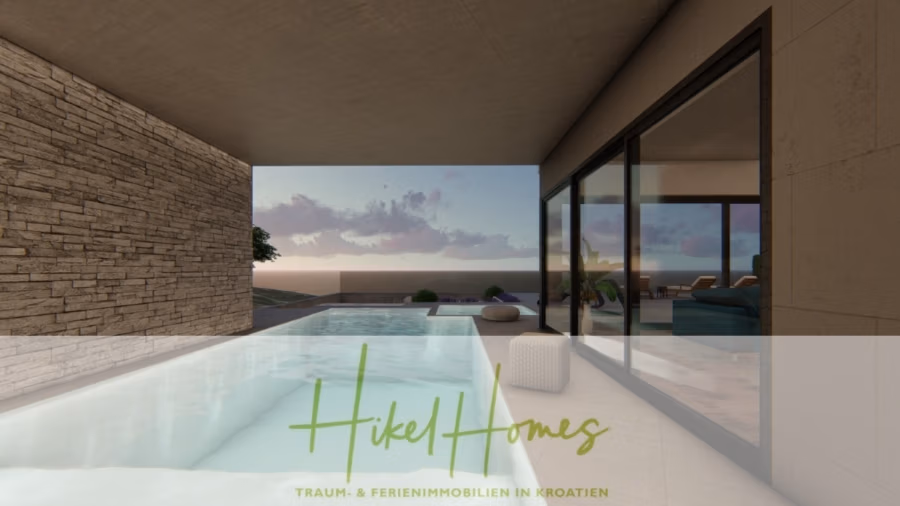 Schlüsselfertige – großzügige Meerblick Villa in ruhiger Lage, 4 SZ, 4 Bäder, Pool, Jacuzzi, … - Ein moderner Innenpoolbereich mit großen Glasschiebetüren bietet Meerblick. Der Bereich besticht durch eine Steinmauer, gepolsterte Sitzgelegenheiten und einen ruhigen Abendhimmel. Text: „Hikel Homes Traum- & Ferienimmobilien in Kroatien.“. (41019)
