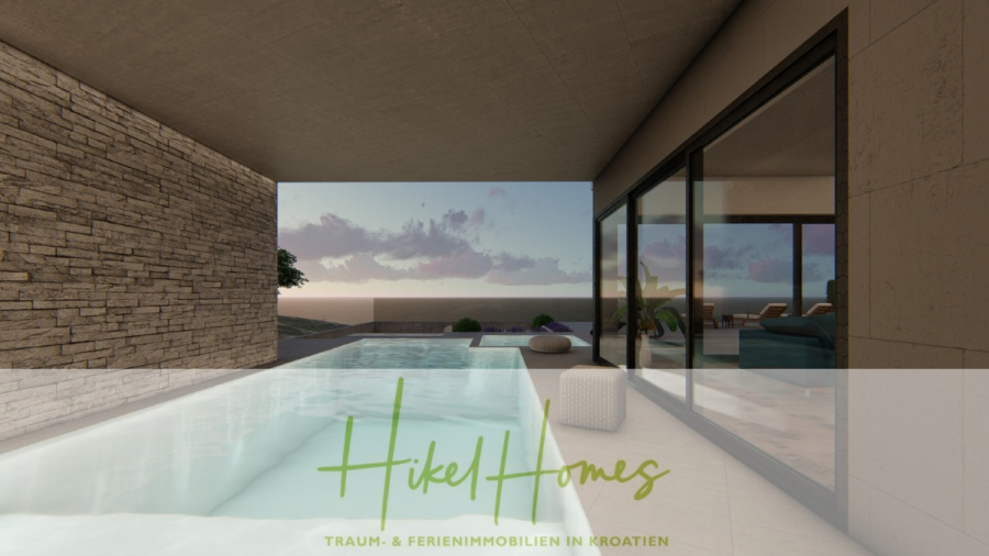 Schlüsselfertige – großzügige Meerblick Villa in ruhiger Lage, 4 SZ, 4 Bäder, Pool, Jacuzzi, … - Moderne überdachte Terrasse mit Pool und Blick auf das Meer bei Sonnenuntergang; Glastüren öffnen sich zu einem modernen Wohnbereich. "Hikel Homes: Traum- & Ferienimmobilien in Kroatien" überlagert den unteren Teil des Bildes. (45352)