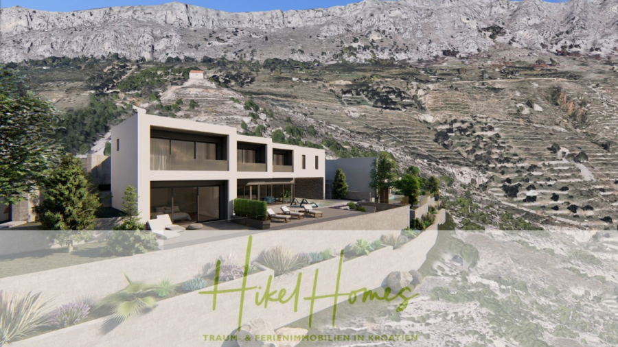 Schlüsselfertige – großzügige Meerblick Villa in ruhiger Lage, 4 SZ, 4 Bäder, Pool, Jacuzzi, … - Eine moderne weiße Villa mit großen Fenstern und Terrassen befindet sich vor einer Kulisse aus felsigen Bergen und terrassierten Hängen. Im Vordergrund steht in grüner Schrift "Hikel Homes", darunter steht ein deutscher Text. (45346)