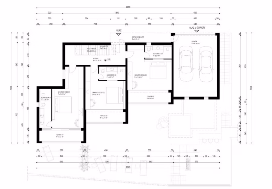 Schlüsselfertige – großzügige Meerblick Villa in ruhiger Lage, 4 SZ, 4 Bäder, Pool, Jacuzzi, … - Schwarz-weißer Architekturgrundriss mit beschrifteten Räumen wie Küche, Wohnbereich, drei Schlafzimmern, zwei Badezimmern und einer Garage für zwei Autos. Maße und Abmessungen sind an den Rändern markiert. (41029)