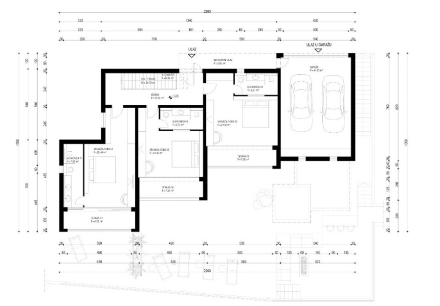 Schlüsselfertige – großzügige Meerblick Villa in ruhiger Lage, 4 SZ, 4 Bäder, Pool, Jacuzzi, … - Schwarzer und weißer architektonischer Grundriss, der ein einstöckiges Haus mit drei Schlafzimmern, zwei Badezimmern, Küche, Wohnzimmer, Esszimmer, Waschküche, Garage für zwei Autos und einer Außenterrasse zeigt. Die Maße sind durchgehend markiert. (45364)