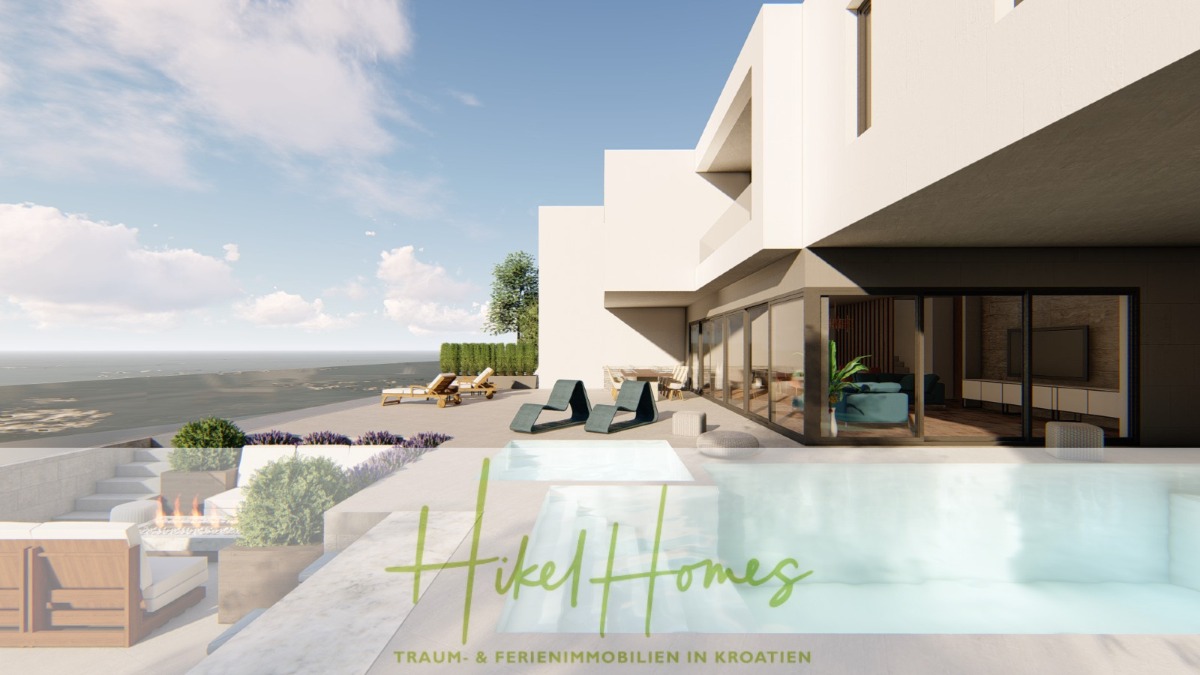 Moderne weiße Villa in Kroatien mit einem Pool, Liegestühlen und Sitzgelegenheiten im Freien mit Blick auf das Meer. Glastüren öffnen sich zu einem einladenden Terrassenbereich. Text-Overlay "Hikel Homes - Traum- & Ferienimmobilien in Kroatien" am unteren Rand. - Schlüsselfertige – großzügige Meerblick Villa in ruhiger Lage, 4 SZ, 4 Bäder, Pool, Jacuzzi, …