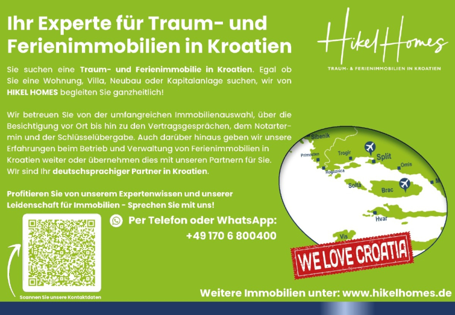 Meerblick aus perfekter Höhenlage mit 3 Schlafzimmern - Eine deutschsprachige Anzeige für Hikel Homes, die für Immobiliendienstleistungen für Traum- und Ferienimmobilien in Kroatien wirbt, mit Kontaktinformationen, einer Karte von Kroatien und einem "Wir lieben Kroatien"-Aufkleber. (46094)