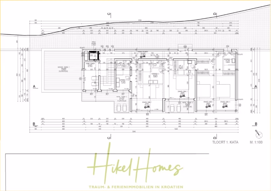 Extraklasse Meerblick Villa Three-Of-Three / Pool, 4 SZ, Lift, Konoba, Fitness, … - Architektonischer Grundriss eines Gebäudes mit der Bezeichnung „TLOCRT 1. KATA“ mit detaillierten Maßangaben, Raumaufteilungen und Strukturelementen. Darunter erscheinen die Worte „Hikel Homes“ und ein Slogan über Immobilien in Kroatien. (42082)