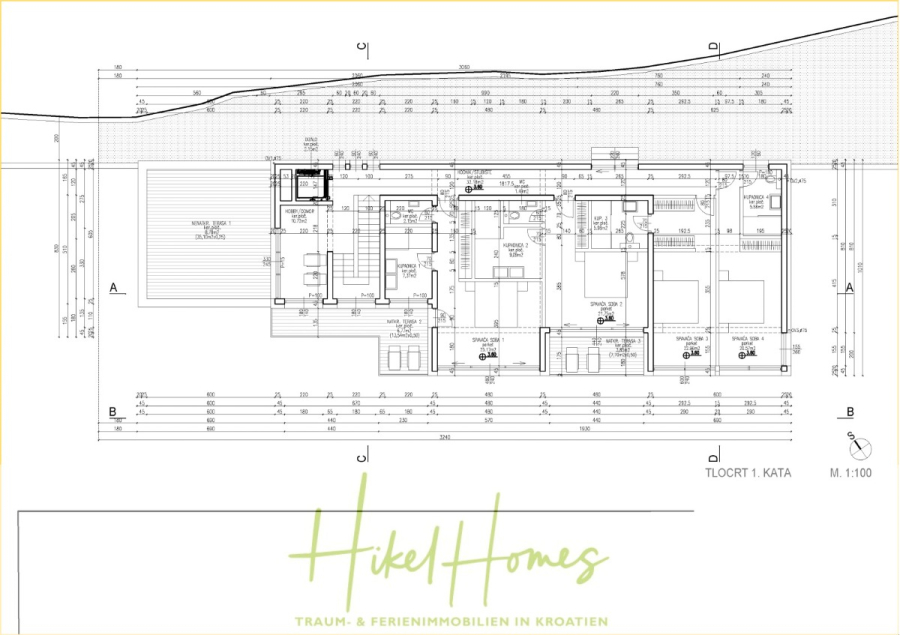 Extraklasse Meerblick Villa Three-Of-Three / Pool, 4 SZ, Lift, Konoba, Fitness, … - Architektonische Grundrisszeichnung eines Gebäudes mit beschrifteten Räumen, Maßen und baulichen Details, unten betitelt "Hikel Homes" mit der Aufschrift "TRAUM- & FERIENIMMOBILIEN IN KROATIEN". (44096)