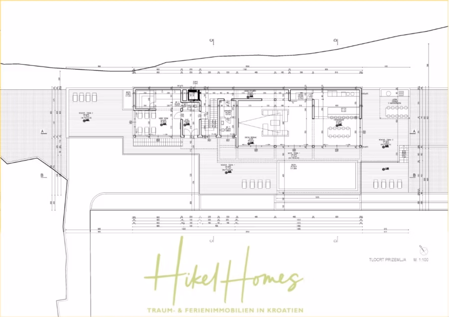 Extraklasse Meerblick Villa Three-Of-Three / Pool, 4 SZ, Lift, Konoba, Fitness, … - Architektonischer Grundriss eines Gebäudes mit detaillierter Raum- und Strukturaufteilung. Der Text unten lautet „Hikel Homes“ und „Traum- & Ferienimmobilien in Kroatien“. (42084)