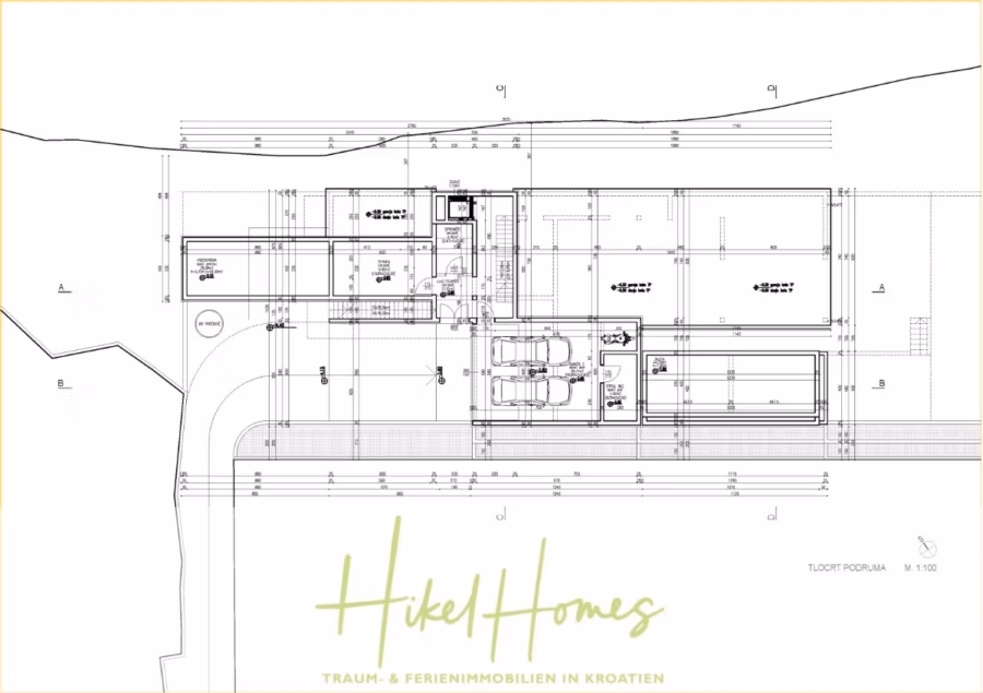 Extraklasse Meerblick Villa Three-Of-Three / Pool, 4 SZ, Lift, Konoba, Fitness, … - Architektonischer Grundriss eines Gebäudes mit der Bezeichnung „Hikel Homes“. Der Grundriss umfasst mehrere Räume und Außenbereiche mit Maßangaben und Designdetails. Unten steht der Text „TRAUM- & FERIENIMMOBILIEN IN KROATIEN“. (42085)