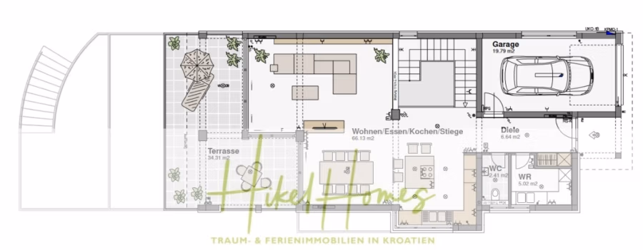 Villa Ana – 250m² WFL in 1. Reihe zum Meer / 4 SZ / Neubau / Sofort bezugsfertig - Grundriss eines Hauses mit Terrasse mit Sitzgelegenheiten, Wohn- und Essbereich, Küche, Treppe, Flur, Garage mit Auto, Badezimmer und Gartenbereich. Unten befindet sich ein Markentext. (41564)