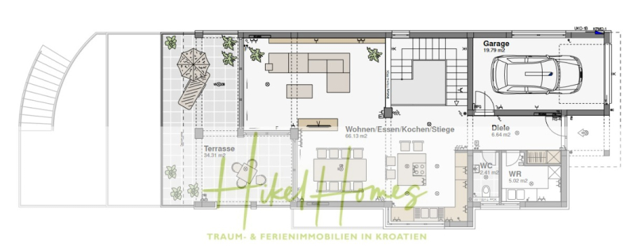 Villa Ana – 250m² WFL in 1. Reihe zum Meer / 4 SZ / Neubau / Sofort bezugsfertig - Architektonischer Grundriss eines Hauses mit Terrasse, Wohn- und Essbereich, Küche, Garage mit Auto, Eingangshalle, Schlafzimmer, Bad und WC. Einige Möbel und Einrichtungsgegenstände sind abgebildet. (46545)