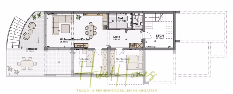 Villa Ana – 250m² WFL in 1. Reihe zum Meer / 4 SZ / Neubau / Sofort bezugsfertig - Architektonischer Grundriss eines Hauses mit Terrasse, offenem Wohn-, Ess- und Küchenbereich, zwei Schlafzimmern, einem Badezimmer, separatem WC, Flur und Abstellraum. Der Plan enthält die Anordnung der Möbel und die Abmessungen. (41565)