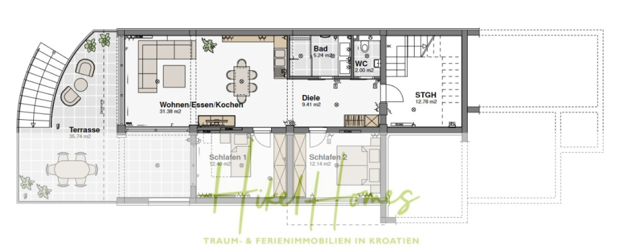 Villa Ana – 250m² WFL in 1. Reihe zum Meer / 4 SZ / Neubau / Sofort bezugsfertig - Grundriss einer Wohnung mit Terrasse, offenem Wohn-Ess-Küchenbereich, zwei Schlafzimmern, Bad, separatem WC, Diele und Abstellraum. Auf der Terrasse sind Sitzgelegenheiten im Freien eingezeichnet. (46546)